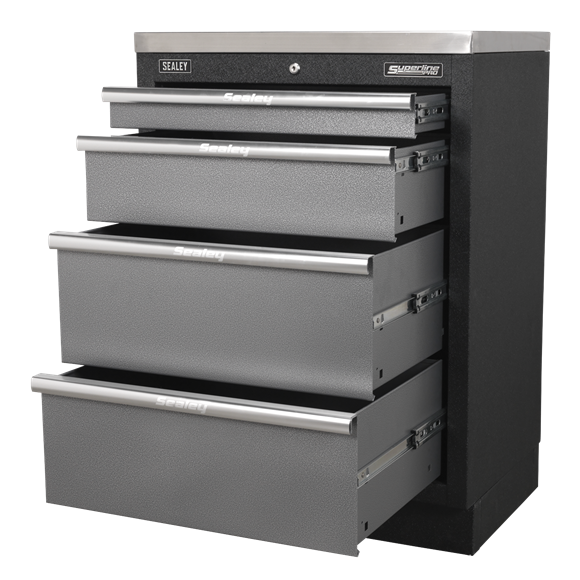 Sealey Superline Pro Modular 4 Drawer Cabinet 680mm APMS51, Four drawers fitted with ball bearing slides.