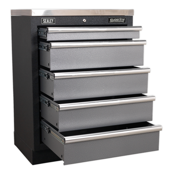 Sealey Superline Pro Modular 5 Drawer Cabinet 680mm APMS59, Aluminium handles and drawer pulls.