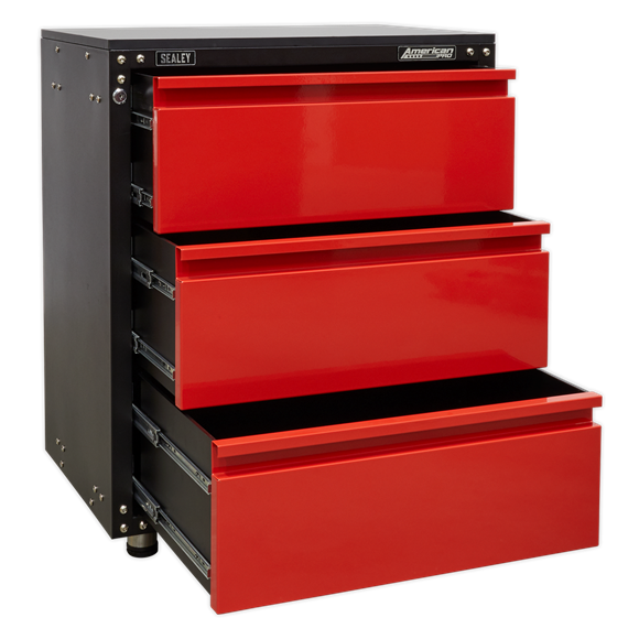 Sealey American Pro Modular 3 Drawer Cabinet with Worktop 665mm APMS82, Features adjustable feet for levelling on uneven floors.