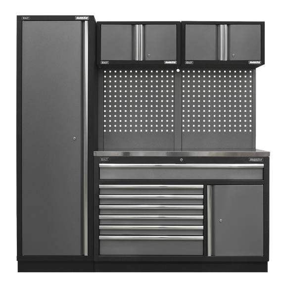 Sealey Modular Tool Storage System 1.96m Stainless Steel Worktop APMSSTACK10SS, Tough and durable construction with a hammered metal finish.