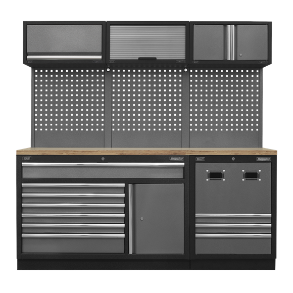 Sealey Modular Tool Storage System Wooden Worktop APMSSTACK14W, Tough and durable construction with a hammered metal finish.