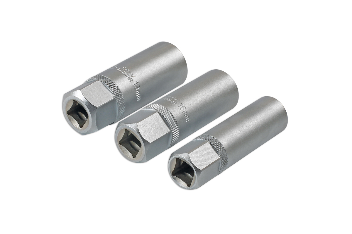 Laser Thin Wall Spark Plug Socket Set 3/8" Dr 3pc 7295, Manufactured from chrome vanadium.