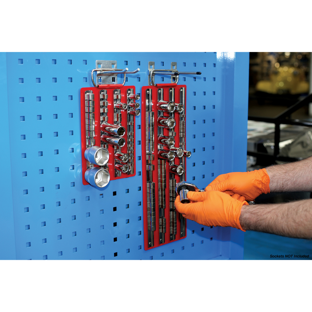 20 x 1/4"D socket holders. 30 x 1/2"D socket holders. 30 x 3/8"D socket holders.