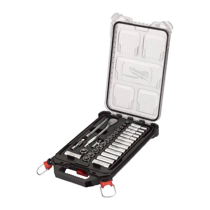 Milwaukee ratchet and socket set with packout box