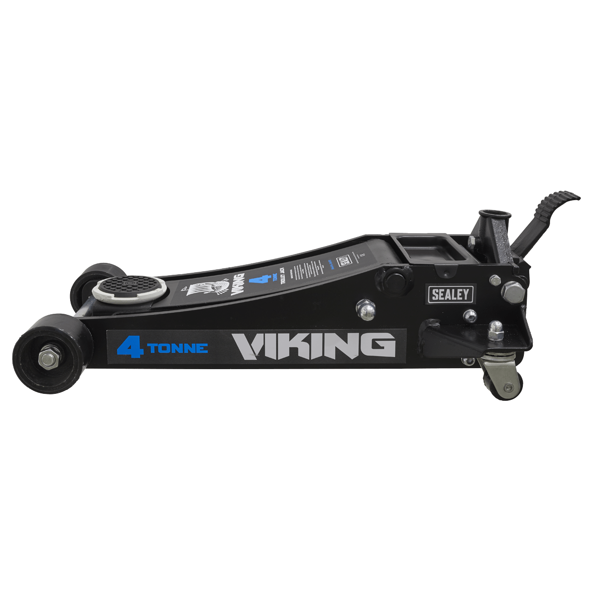 Viking Tyre Bay Trolley Jack 4tonne Low Entry with Rocket Lift | Heavy-duty 10mm gauge steel base design with large jacking pad for greater strength and load stability. | toolforce.ie