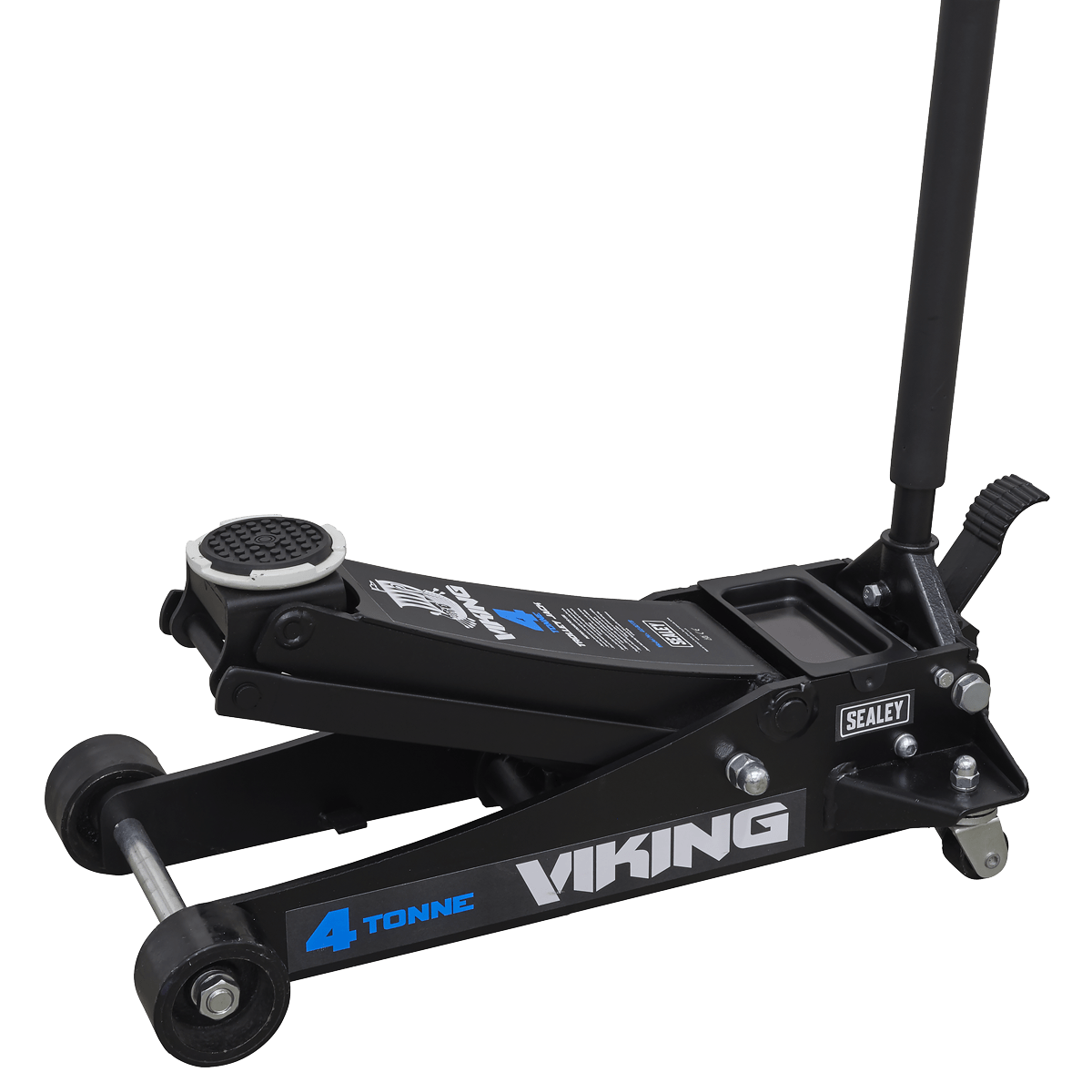 Viking Tyre Bay Trolley Jack 4tonne Low Entry with Rocket Lift | Heavy-duty 10mm gauge steel base design with large jacking pad for greater strength and load stability. | toolforce.ie