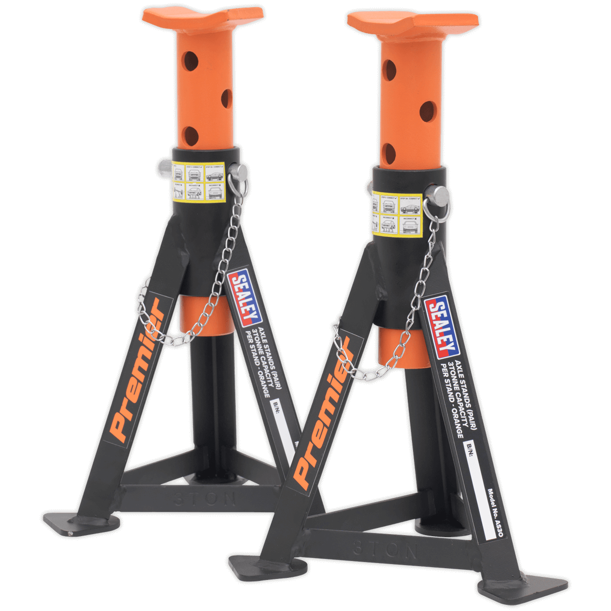 Sealey Axle Stands (Pair) 3 tonne Capacity per Stand - Orange AS3O | Heavy-duty axle stands to safely support vehicles for extended periods of time. | toolforce.ie