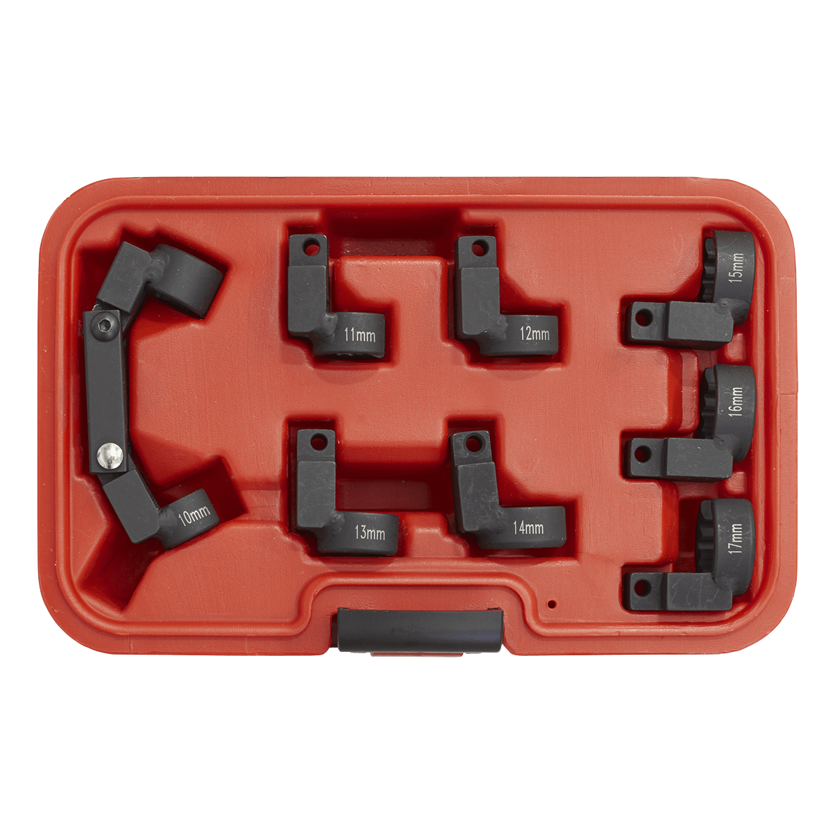 Injector Pipe Socket Set 9pc 3/8"Sq Drive | Set includes flexible 3/8"Sq drive adaptor, hinged at both ends for ease of access to confined areas and 10-17mm crow's foot injector pipe sockets. | toolforce.ie