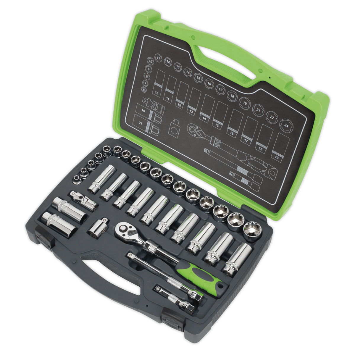 Socket Set 34pc 3/8"Sq Drive 6pt WallDrive¨ Metric | Heat treated, drop-forged Chrome Vanadium steel sockets and accessories with a fully polished mirror finish. | toolforce.ie