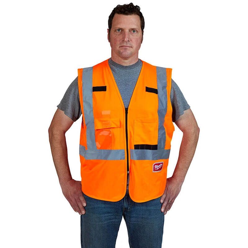 Milwaukee Hi-Vis Vest Orange, Harness tethering hole - ideal to fit over harness to add more safety on the jobsite.