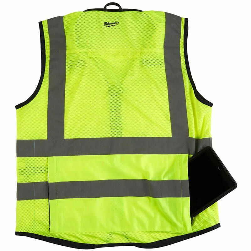 Milwaukee Premium Hi-Visibility Vest, 1 clear ID badge holder for easy identification on the jobsite.