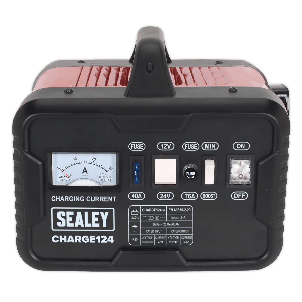 Battery Charger 28Amp 12/24V 230V | Steel case with carry handle, this single phase charger features plenty of ventilation to help maintain low transformer temperatures. | toolforce.ie