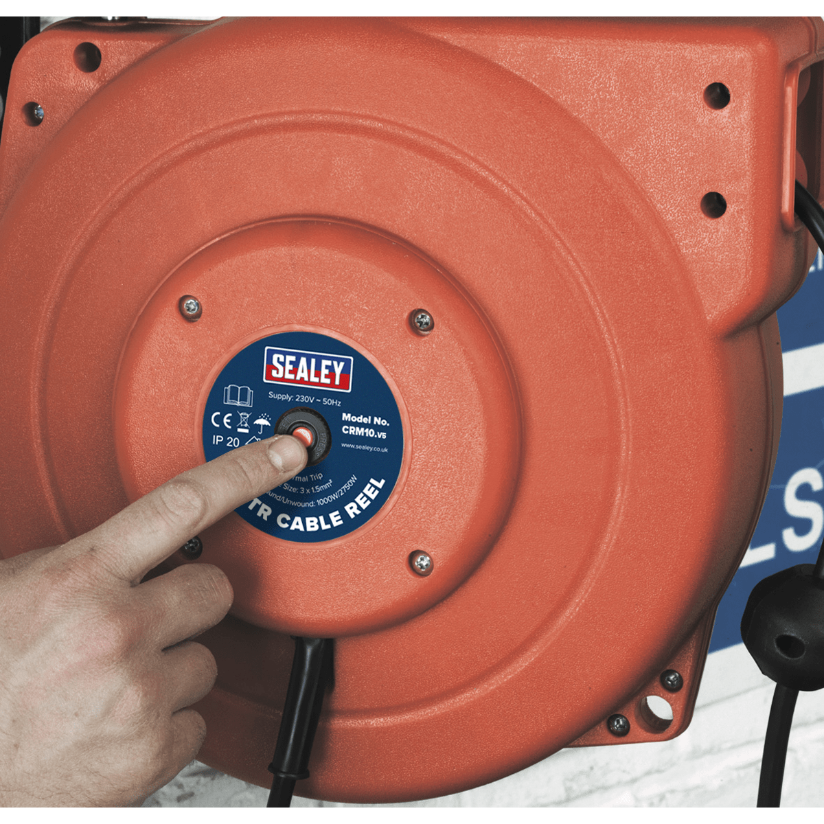 Cable Reel System Retractable 10m 2 x 230V Socket | Hard-wearing, composite cased, retracting electric cable reel operated by simple pull and release action. | toolforce.ie