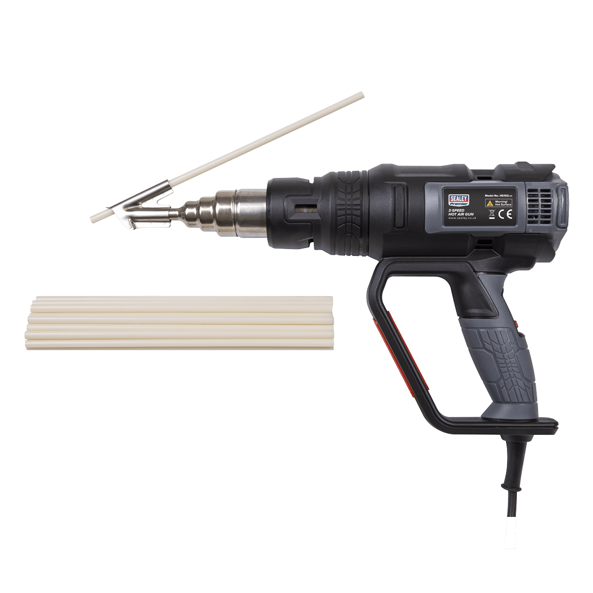 Plastic Welding Kit including HS102 Hot Air Gun | Hot air gun kit supplied with two plastic welding nozzles, a starter pack of ABS welding rods and a concise instruction manual. | toolforce.ie