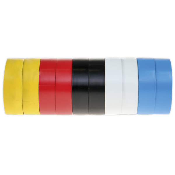 PVC Insulating Tape 19mm x 20m Mixed Colours Pack of 10 | Insulating tape, flame retardant to BS EN 60454-2. | toolforce.ie