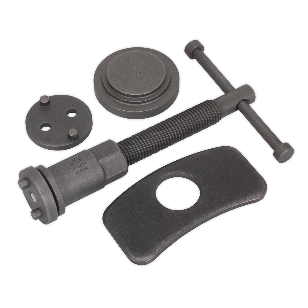 Brake Piston Wind-Back Tool Kit 4pc | Kit consists of adaptors with thrust bolt assembly and reaction plate suitable for push-back and wind-back brake pistons. | toolforce.ie