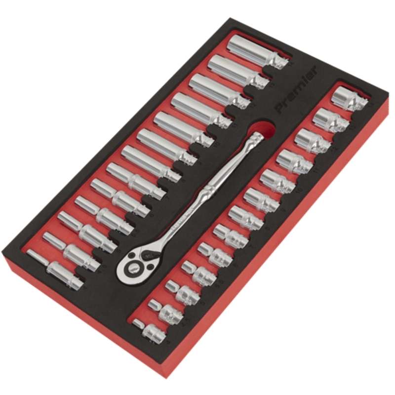 Deluxe professional socket set with standard and deep heat treated mirror polished Chrome Vanadium sockets