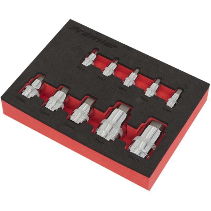 Knurled rings assist the gripping of the sockets with oily fingers