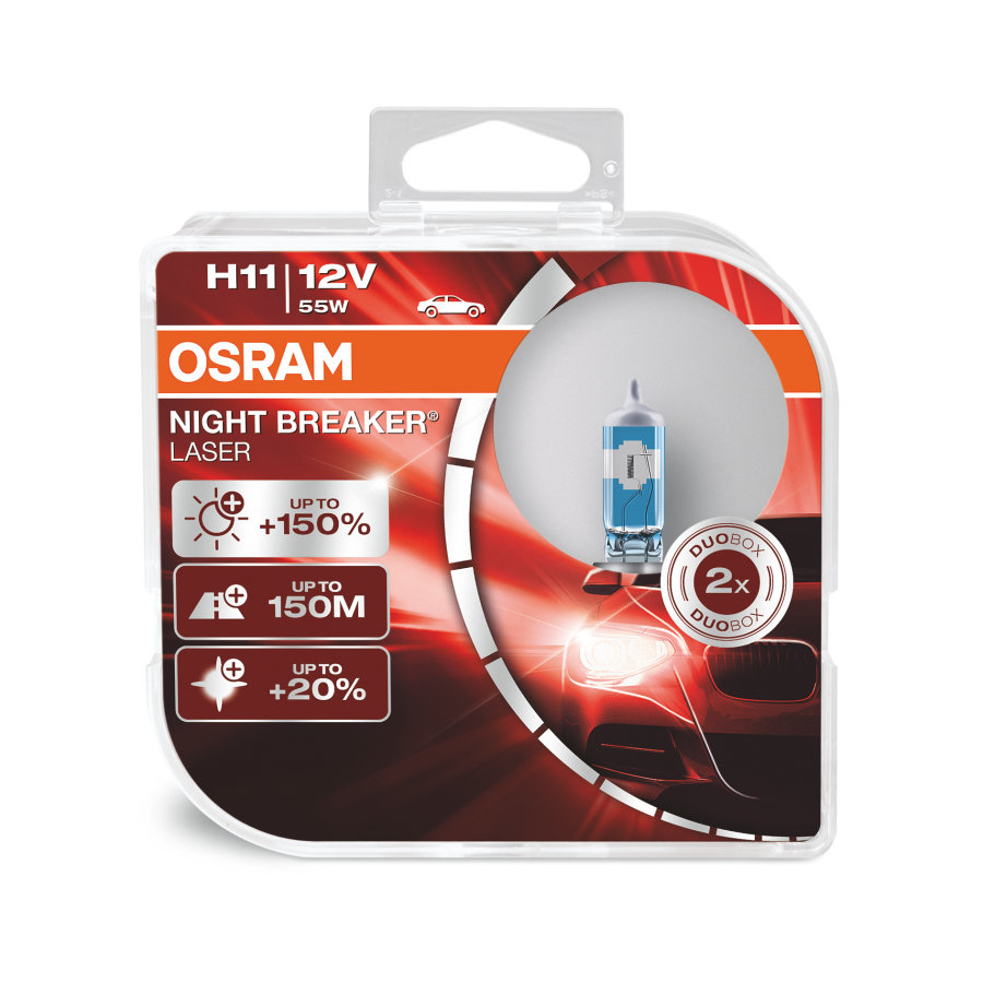 OSRAM Night Breaker Laser H11 12v 55W 150% Brighter Bulb, Generates up to 150% more brightness and up to 20% whiter light compared to the minimum legal standard.