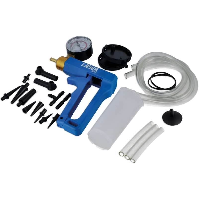 Kit includes: vacuum pump, 1 fluid reservoir (4.5floz), 3 x reservoir caps, 5 fluid hoses.