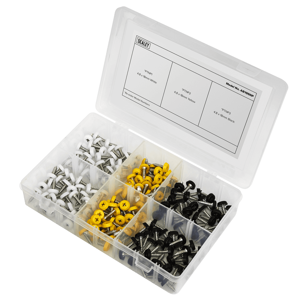 Sealey Numberplate Screw Assortment 195pc 4.8mm x 18mm - Plastic Enclosed Head AB195NP