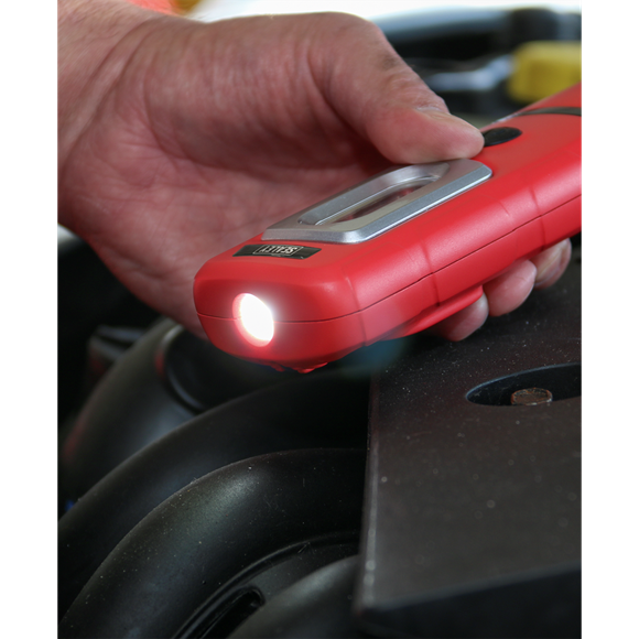 Rechargeable 360° Inspection Light 3W COB & 1W SMD LED Red Lithium-Polymer | Mini, lightweight light with exclusive patented design owned by and registered to Sealey. | toolforce.ie