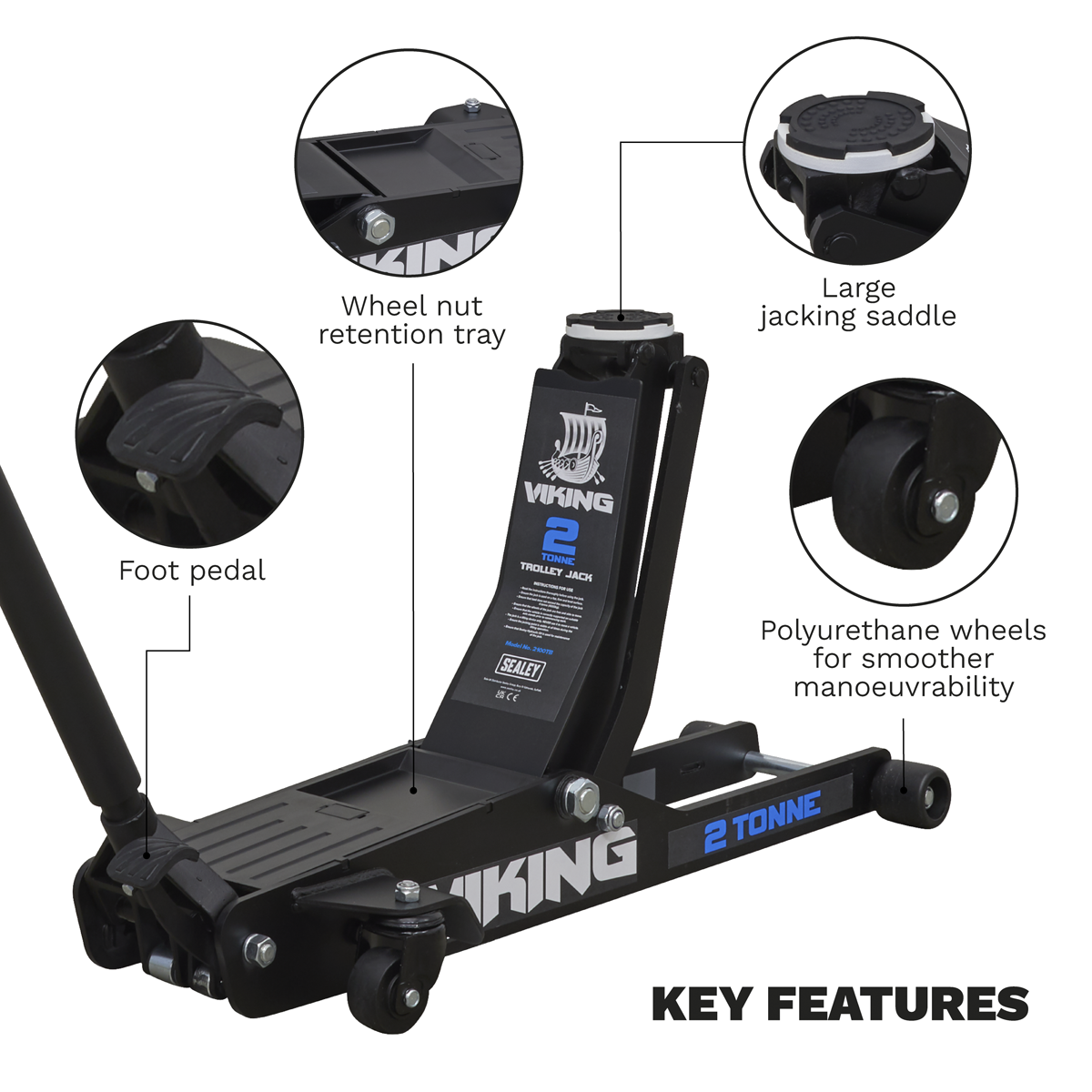 Sealey Viking Low Profile Long Reach Trolley Jack 2 Tonne 2100TB Features