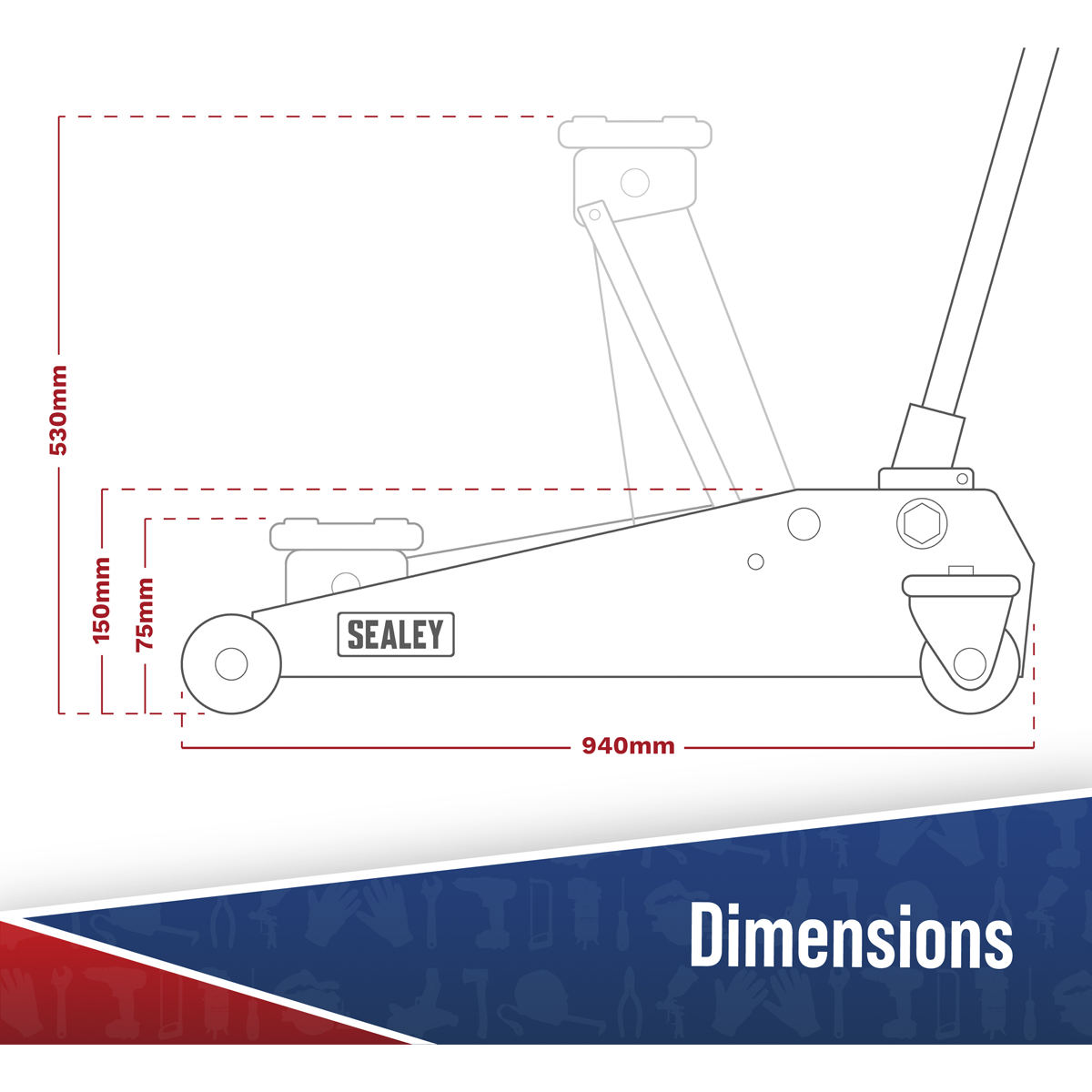 Sealey Viking Low Profile Long Reach Trolley Jack 2 Tonne 2100TB Dimensions