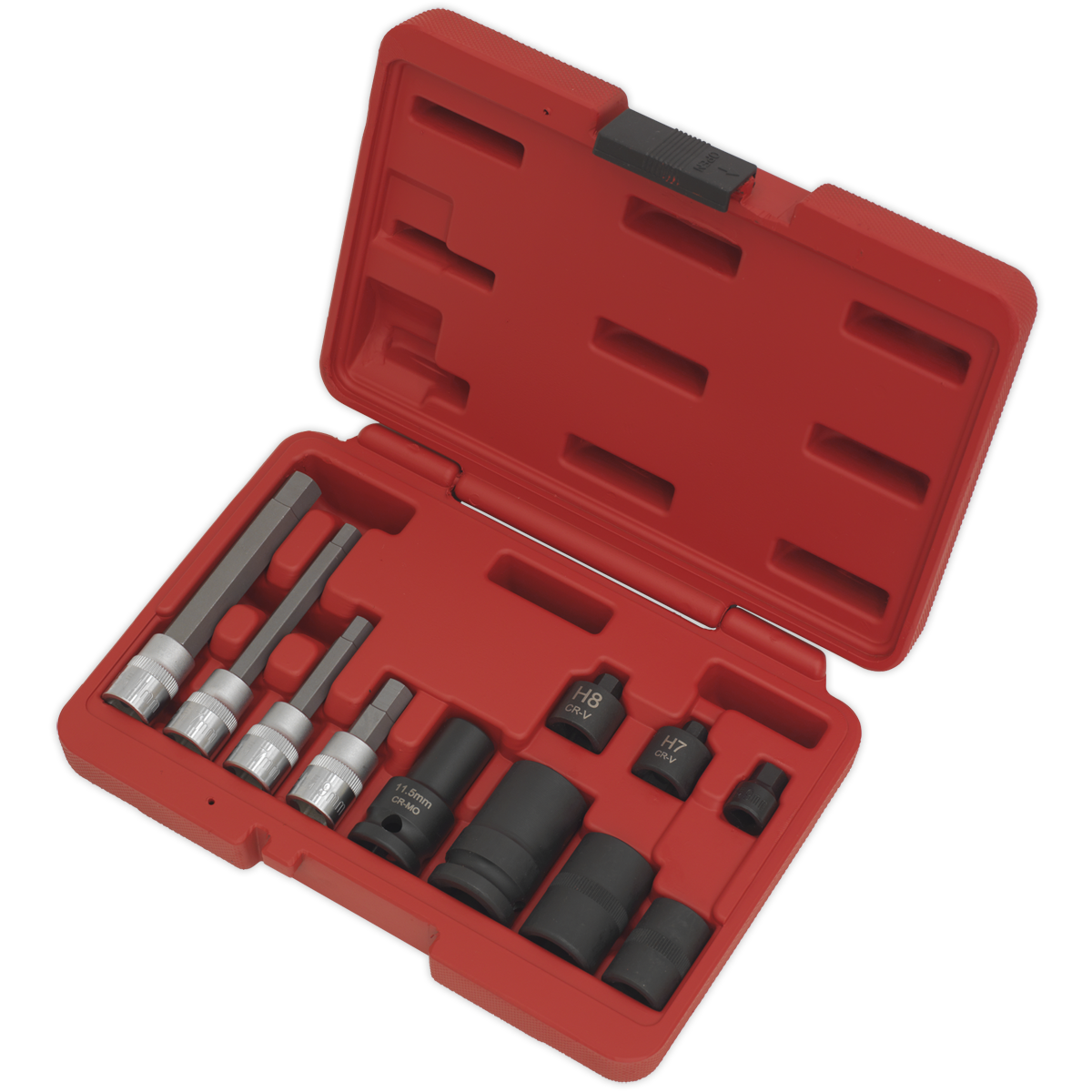 selection of vehicle specific sockets and bits for the removal of brake caliper bolts
