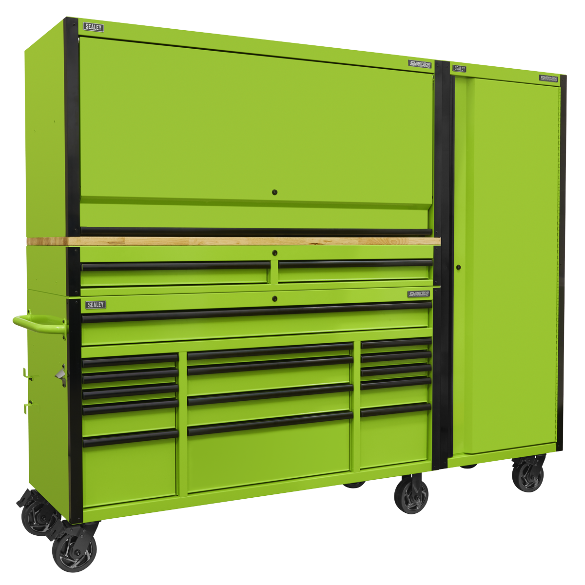 Sealey 15 Drawer 1549mm Mobile Trolley with Wooden Worktop, Hutch, 2 Drawer Riser & Side Locker AP6115BECOMBO2