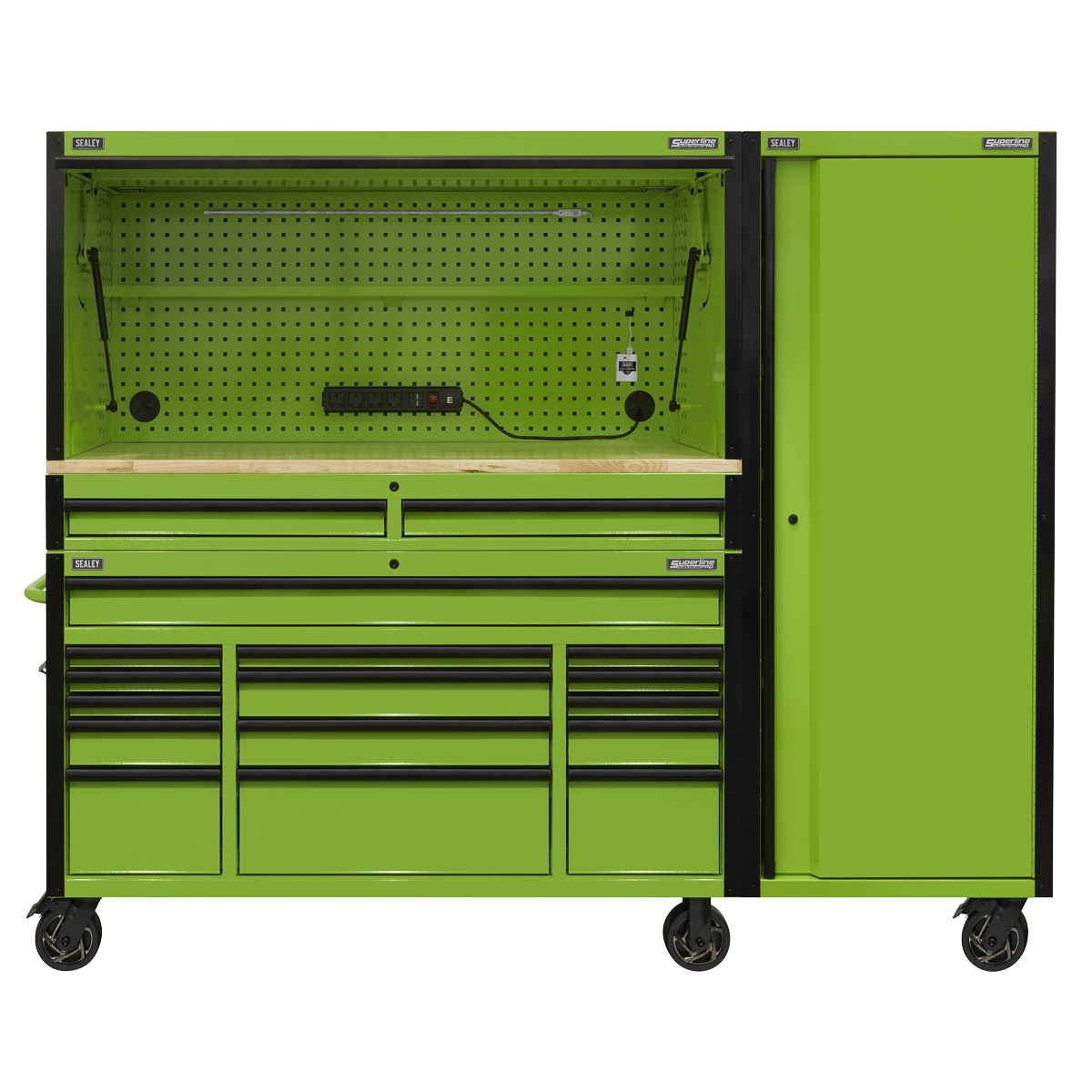 Sealey 15 Drawer 1549mm Mobile Trolley with Wooden Worktop, Hutch, 2 Drawer Riser & Side Locker AP6115BECOMBO2