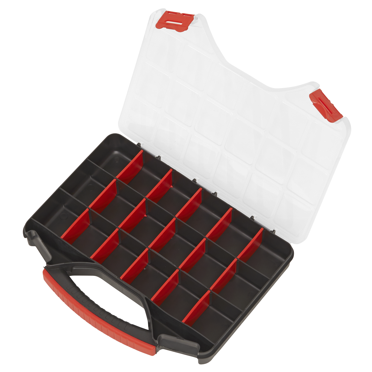 Parts storage case with deep, removable compartments.