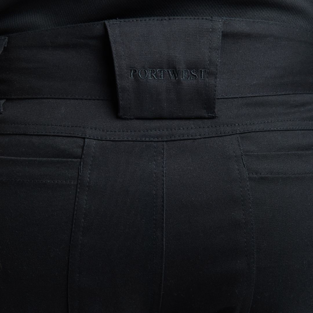 eight pockets for ample storage and rule pocket, high rise back waistband for protection