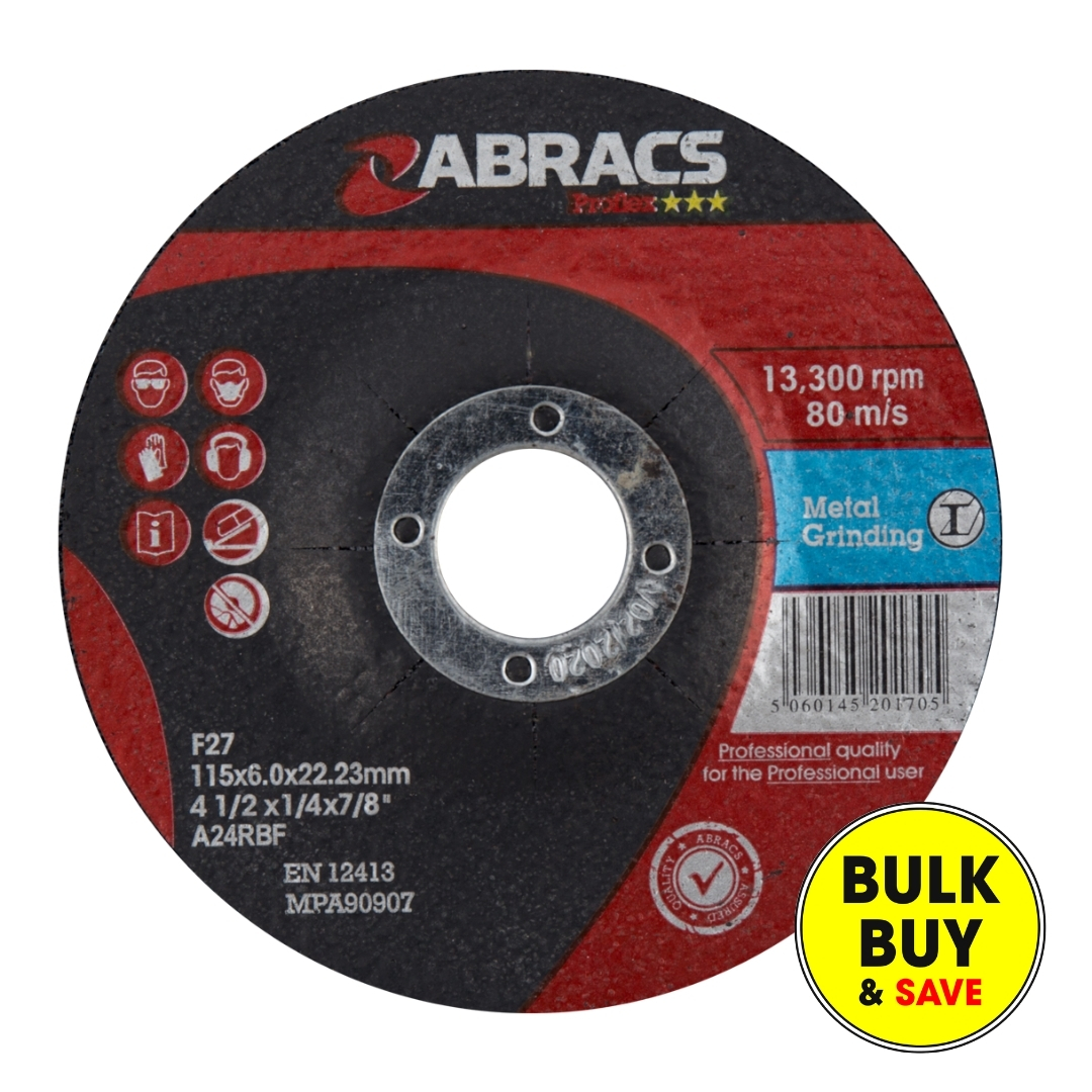 Abracs Proflex 115mm x 6mm x 22mm DPC Metal Grinding Disc PF11560DM Bulk Buy