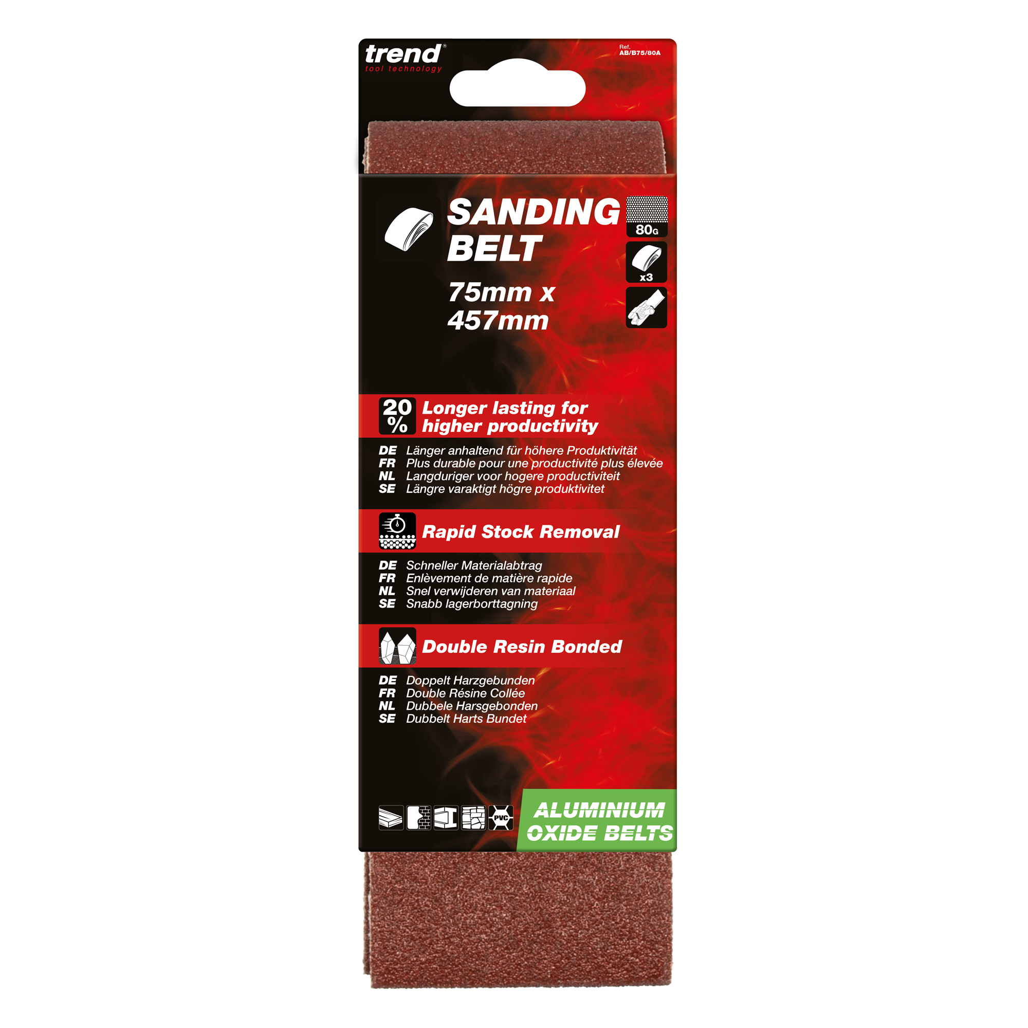 Trend Aluminium Oxide Sanding Belt 80 Grit 75mm x 533mm 3 Pack