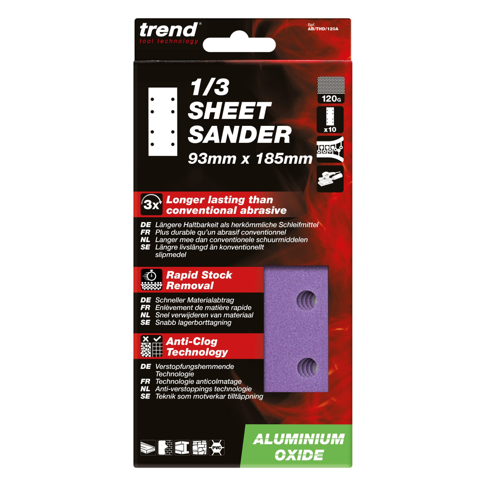 Trend 10 Pack Aluminium Oxide 1/3 sheet sanding sheet 93mm x 185mm, 120 grit