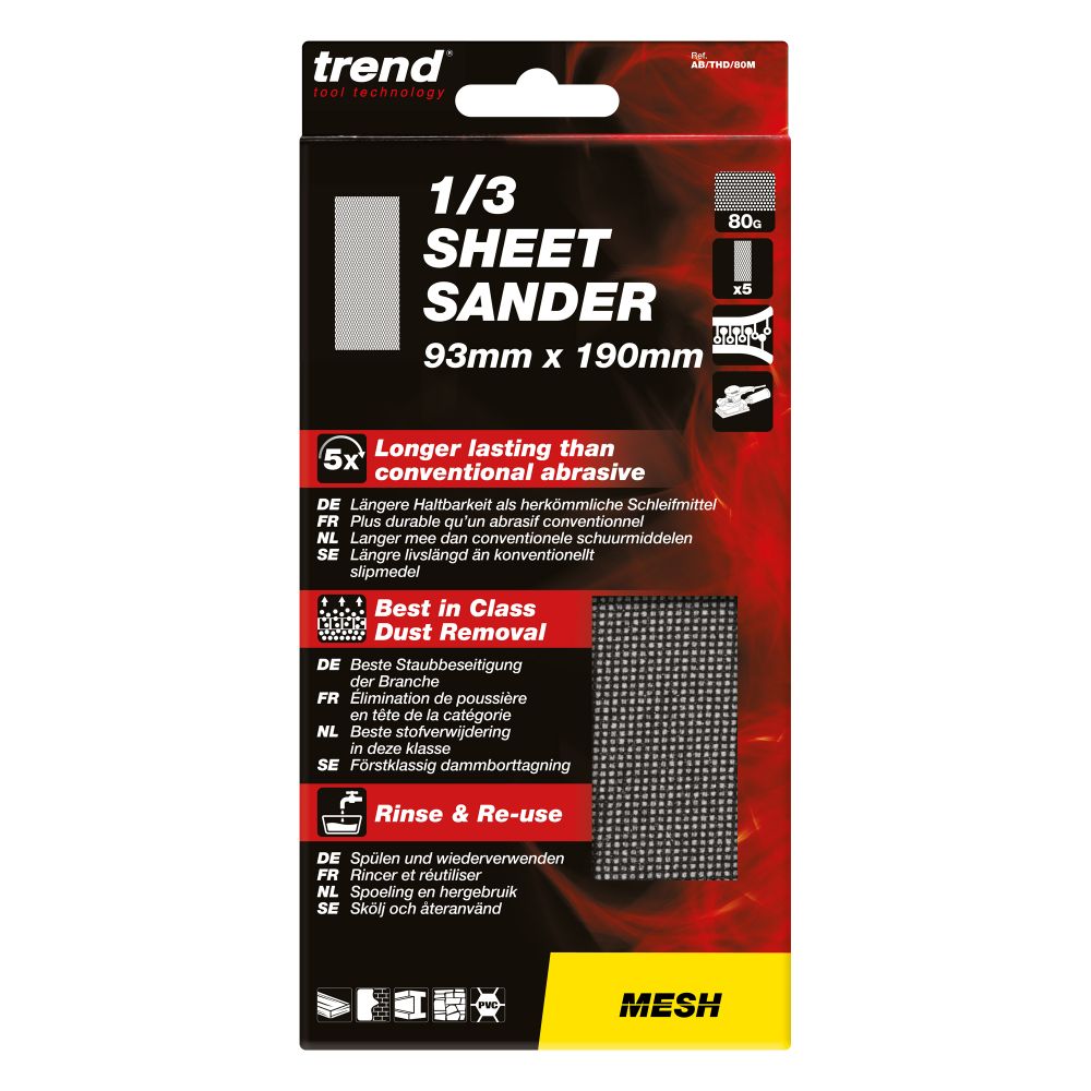Trend 5 Pack Mesh 1/3 sanding sheets 93mm x 185mm, 80 grit AB/THD/80M