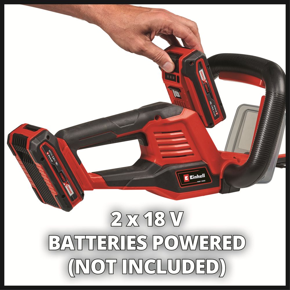 Einhell 36v hedge trimmer is operated using 2x 18v batteries