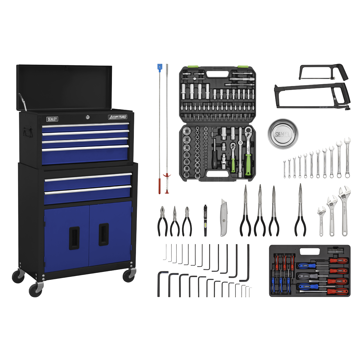 Sealey 6 Drawer Topchest & Rollcab Combination with Ball-Bearing Slides & 170pc Tool Kit AP22BCOMBO