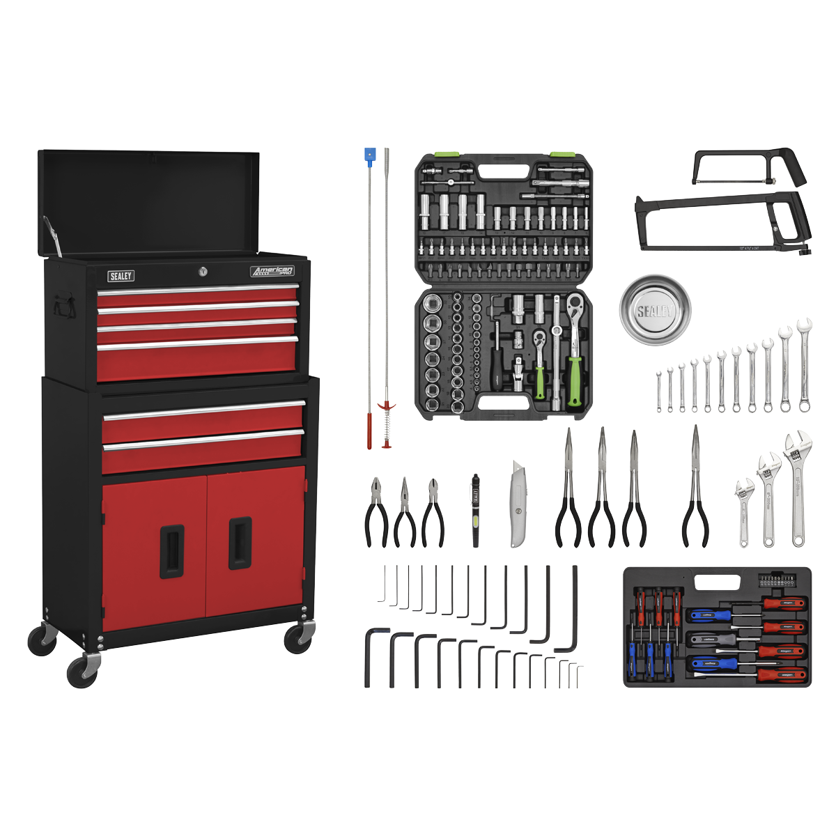 Sealey 6 Drawer Topchest & Rollcab Combination with Ball-Bearing Slides & 170pc Tool Kit AP22RCOMBO