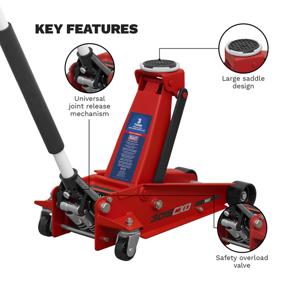 Sealey 3 Tonne Trolley Jack with Super Rocket Lift 3015CXD