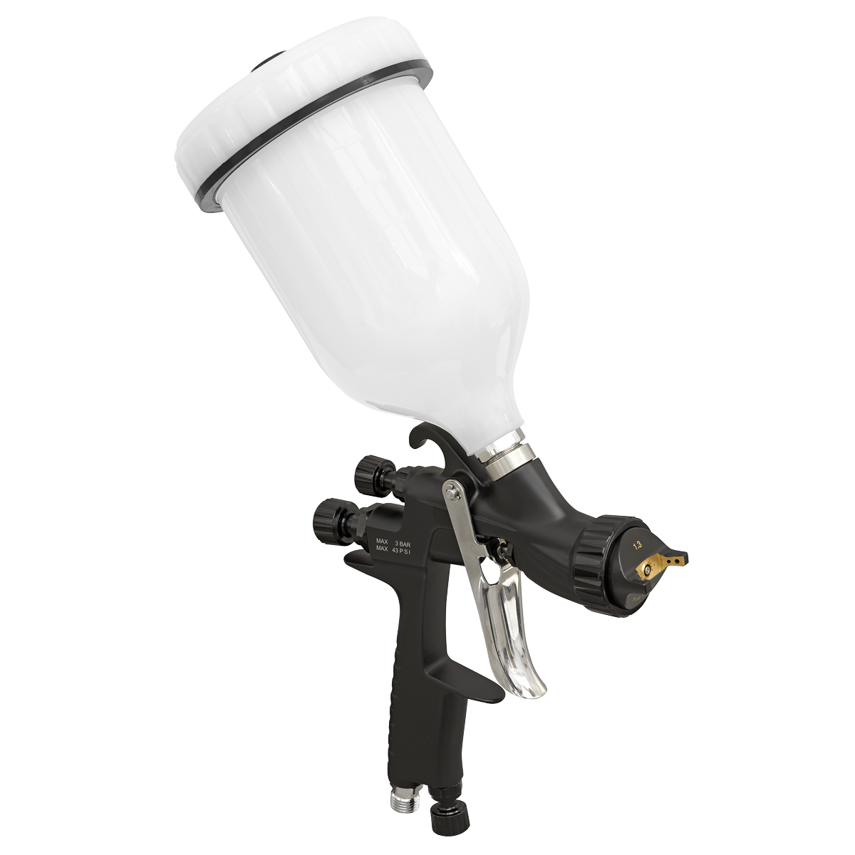Sealey spray gun with  passages, needle, nozzle, air cap and air valve suitable for solvent and water-based paints.