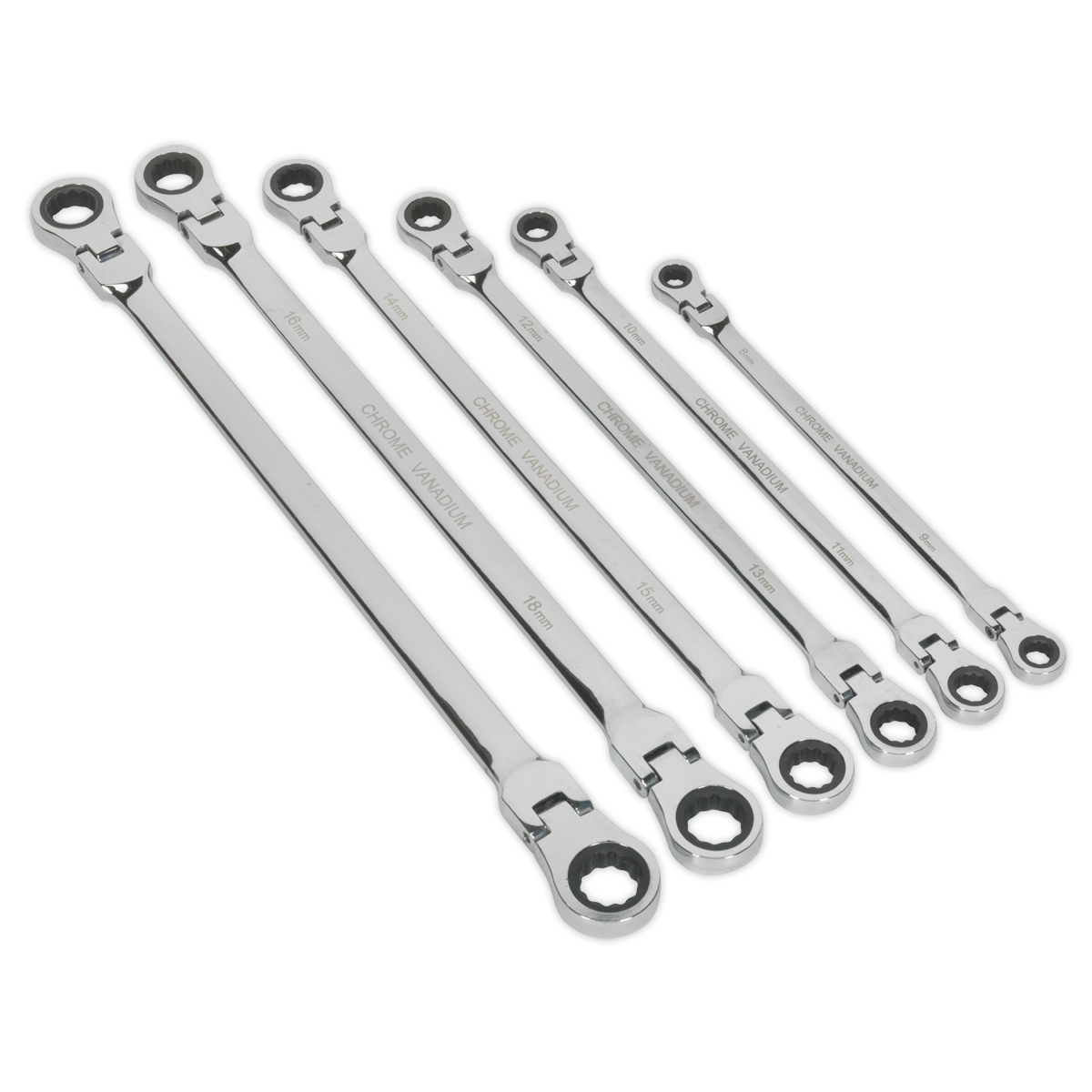 Sealey 6pc Extra-Long Flexi-Head Double End Ratchet Ring Spanner Set AK63832