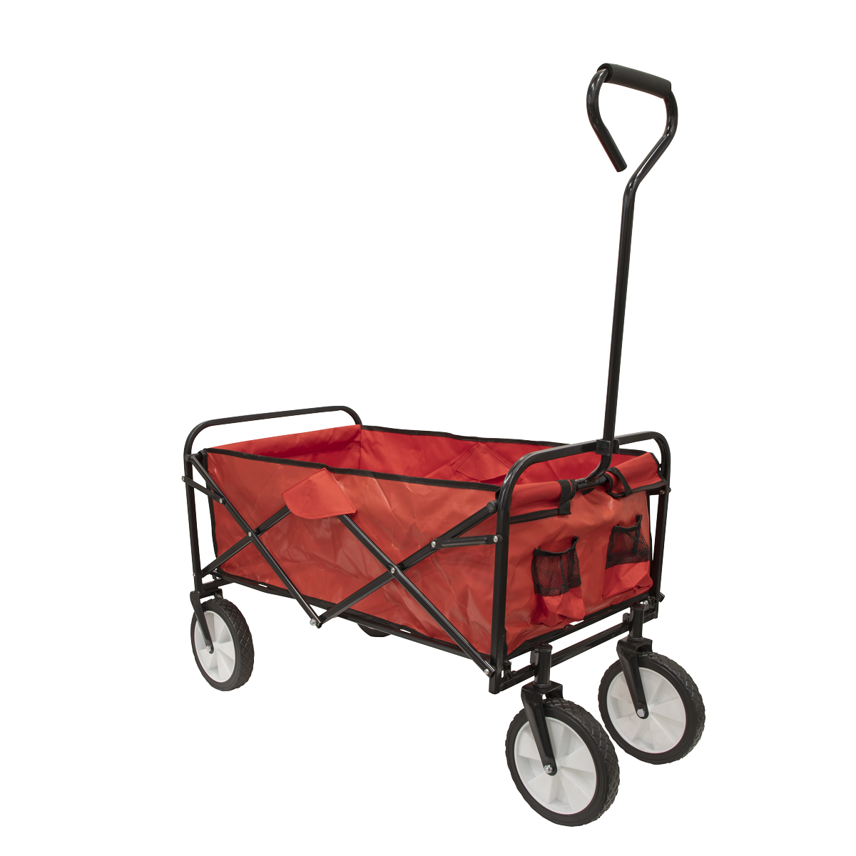 Medium duty tubular steel frame with red canvas material.