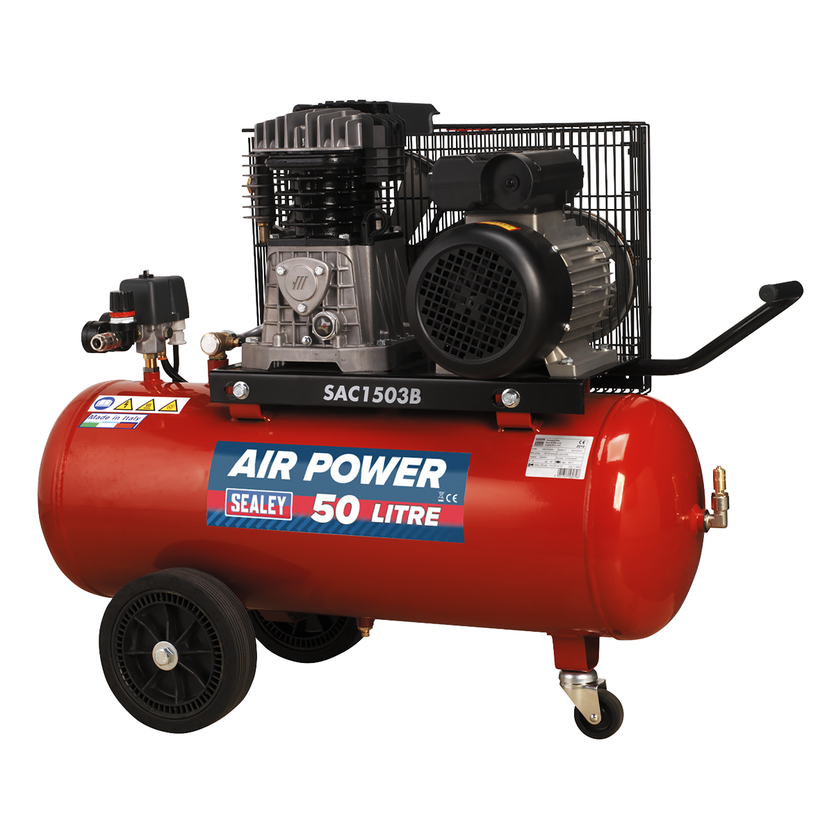 Sealey 50L Belt Drive Air Power Compressor 3hp with Cast Cylinders & Wheels SAC1503B