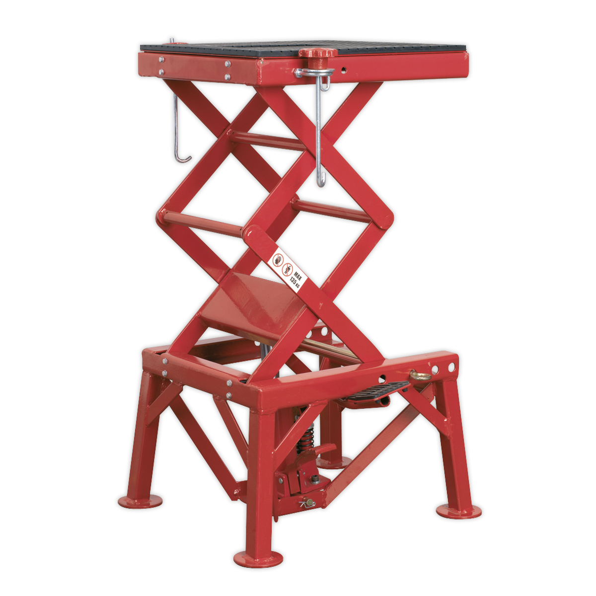 All steel scissor type construction with foot operation and integral hydraulic pump.