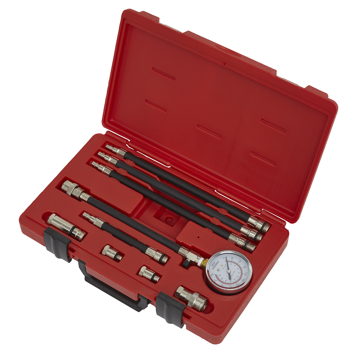 Scale reads from 0-21bar(0-300psi). Kit includes four extension hoses, seven plug thread adaptors from 10 to 18mm and a self-sealing quick connector.