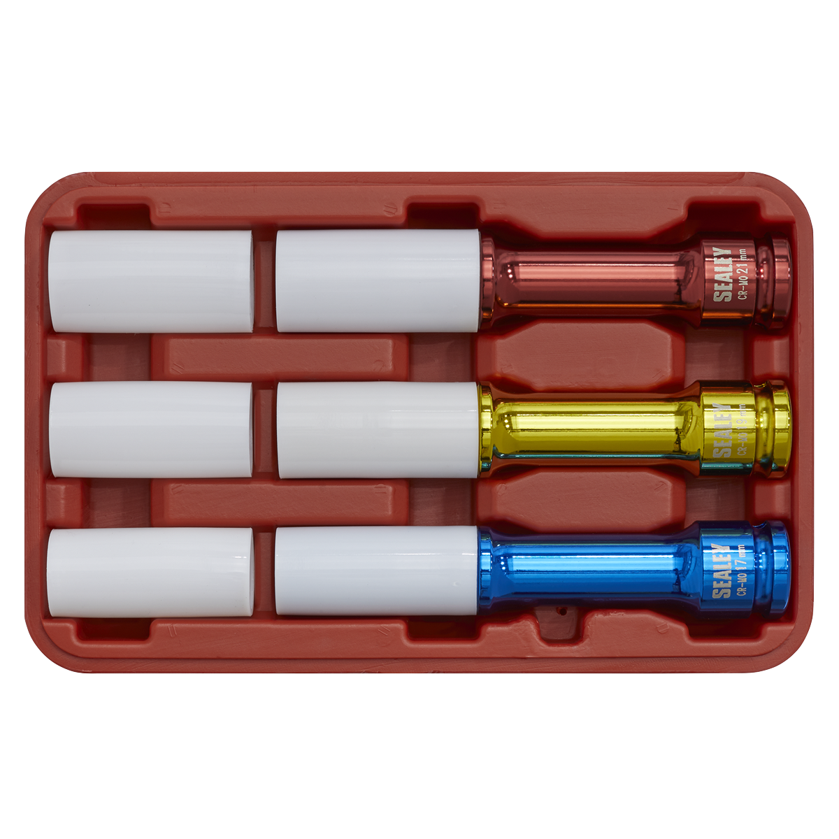 Set comprises long reach 17, 19 and 21mm 1/2"Sq drive sockets, plus spare PE sleeves.