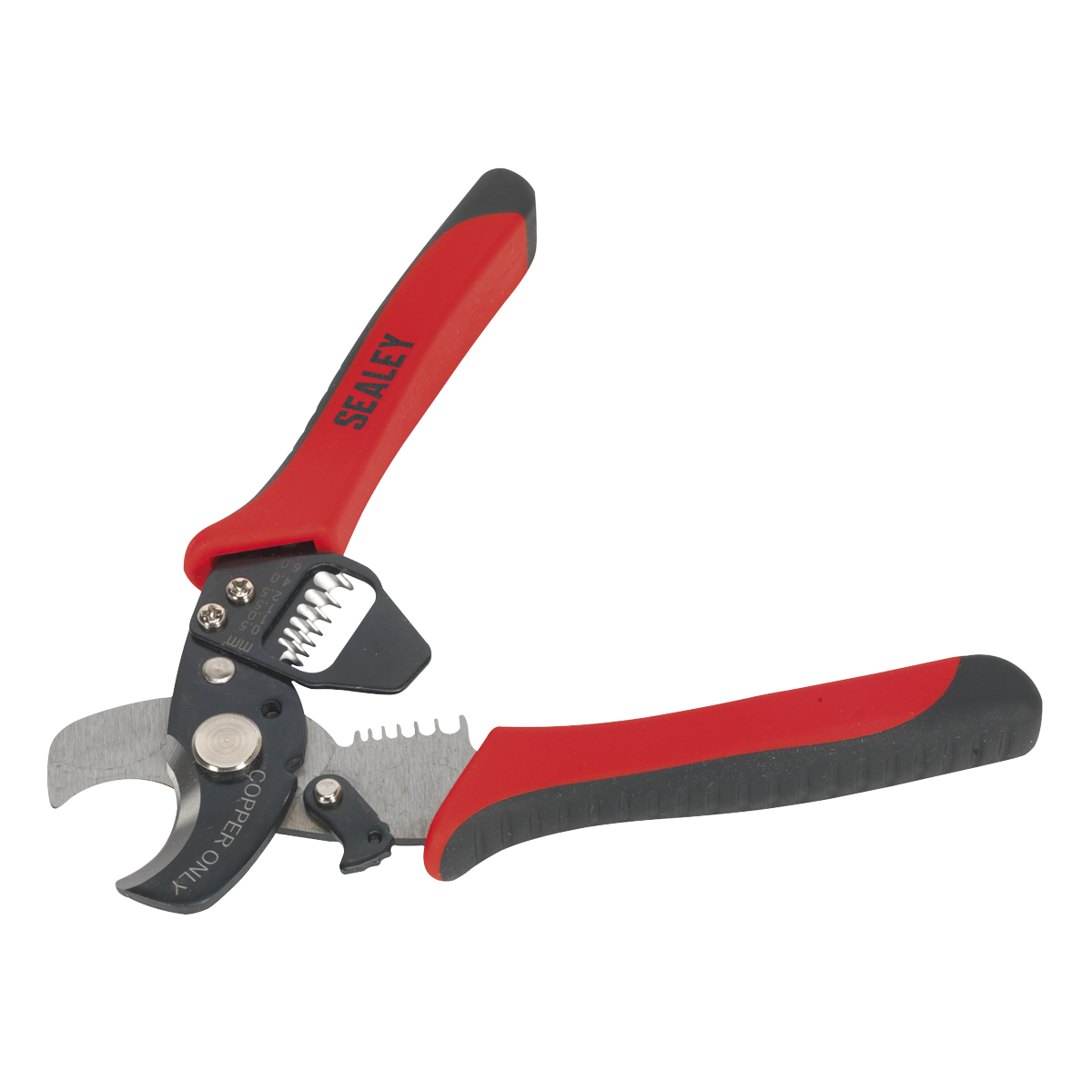 Features spring loaded handles with soft grip and safety lock.