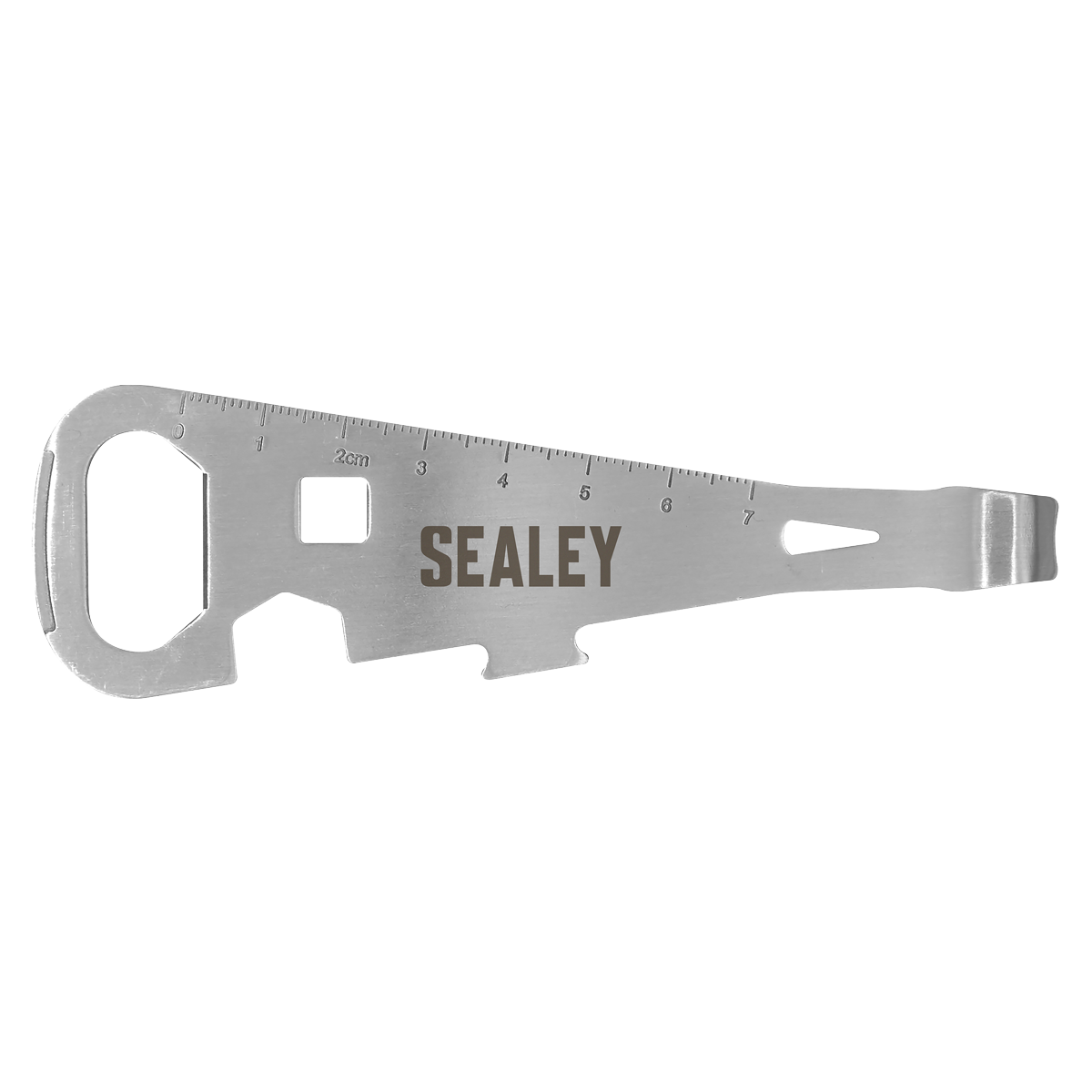 7 FUNCTIONS - Functions include: Can Opener, Bottle Opener, Ruler, Nail Puller, 8mm Nut Wrench, 13mm Hex Wrench, Screwdriver.